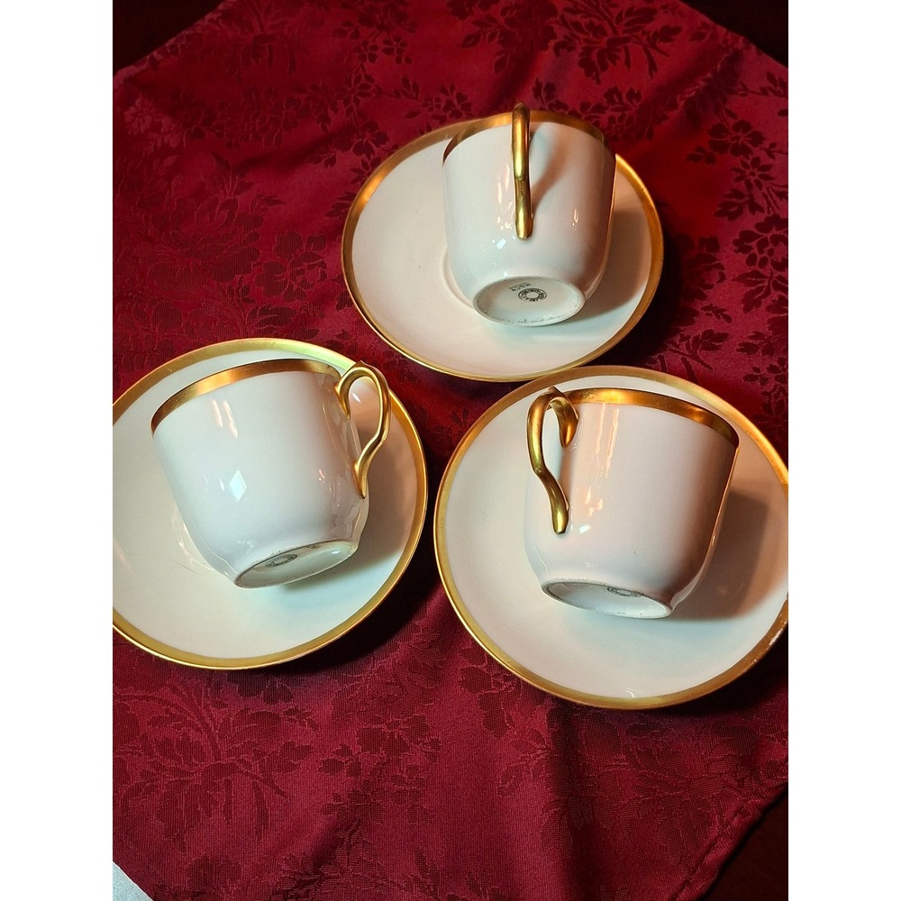 3 Haviland Limoges France Gold Gilt White‎ Porcelain Demitasse Cup & Saucers